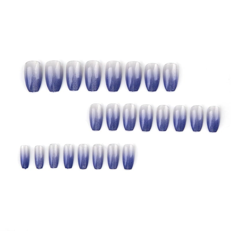 CTTHNBD Coffin Press on Nails Medium - Blue Fake Nails with Ombre Glitter Deisgn - Gloosy Full Cover Stick on False Nails - for Women 24 Pcs - Image 2